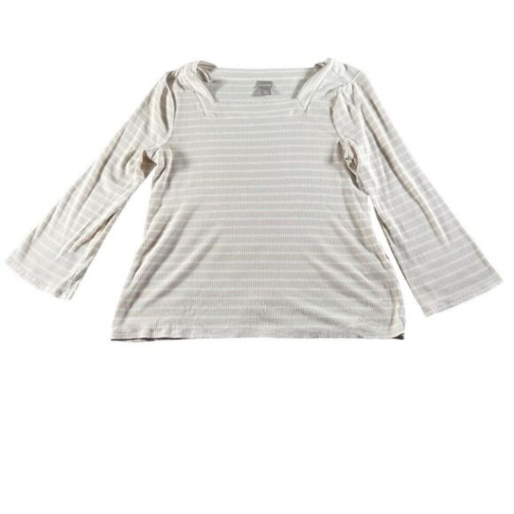 Chico's 2 Large Shirt Womens Tan White Top Ribbed Blouse Neutral Minimalist